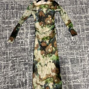 Zara Green and Brown Bodycon Dress with Bishop Sleeves